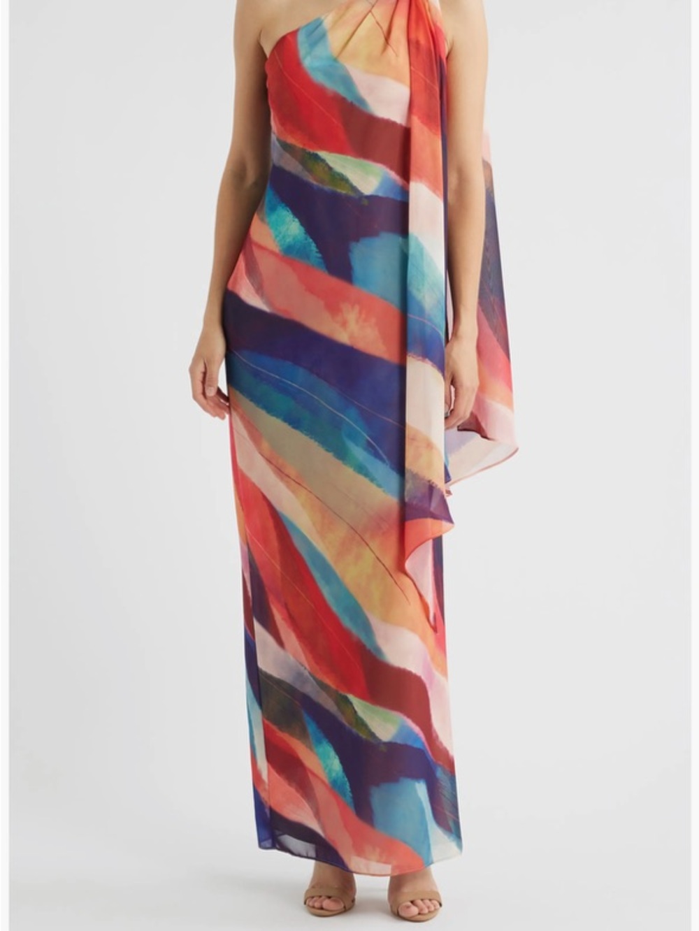 Vince Camuto Multicolor One-Shoulder Maxi Dress with Halter Ring